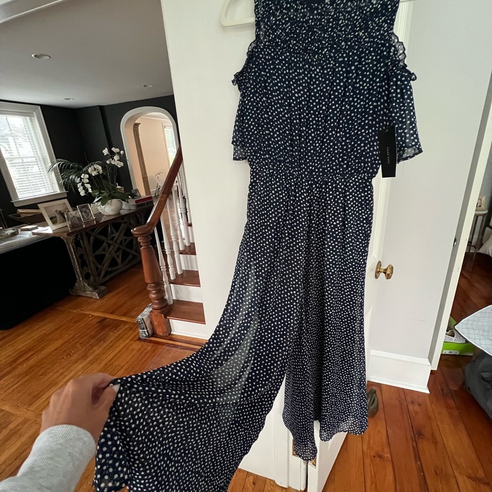 Zara Blue and White polka dot Jumpsuit with off the shoulder detail